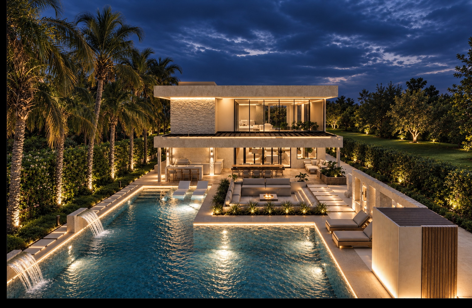 Render editado de la piscina, terraza y zona de fogata de Casa de Campo, con iluminación nocturna